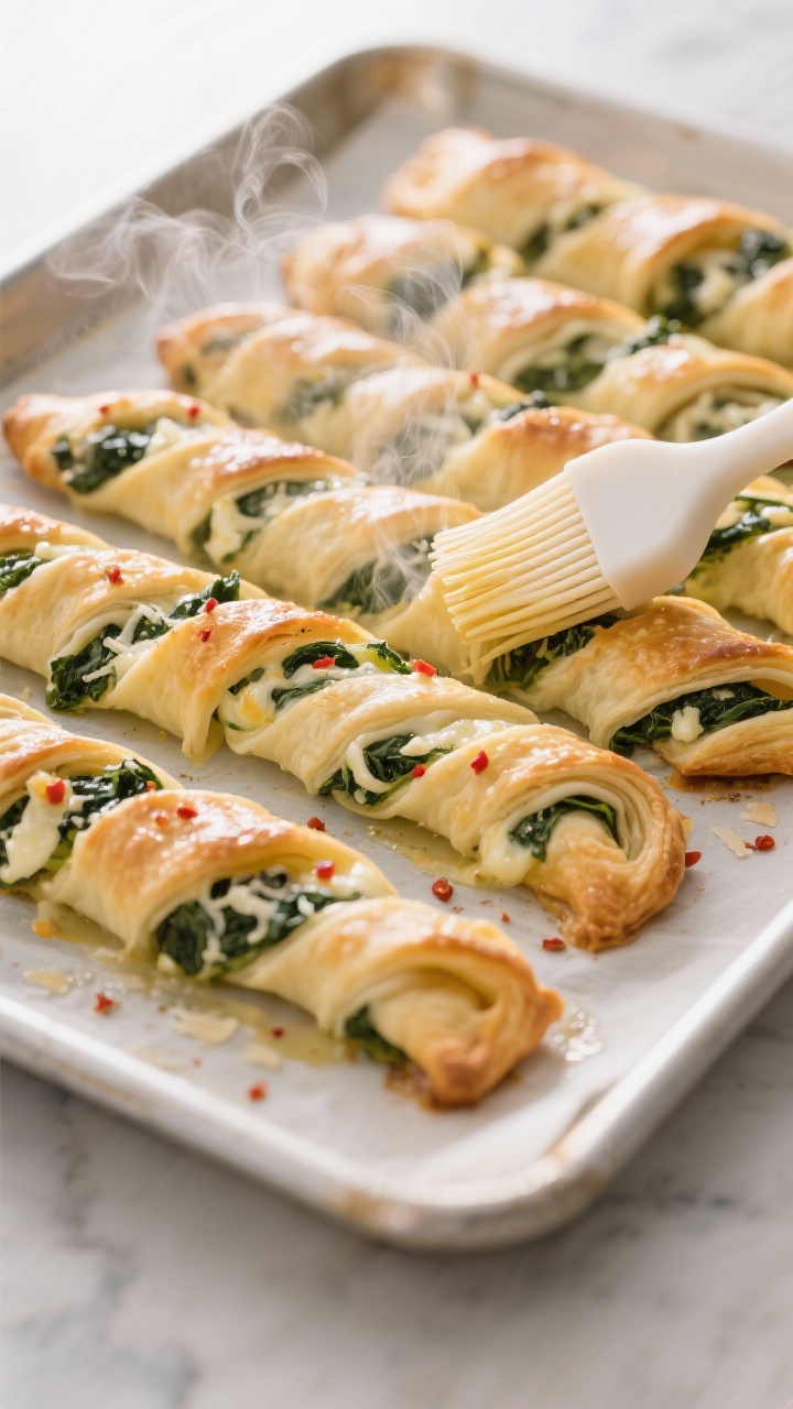 Cooking process action: Cheesy spinach puff pastry twists on a baking tray mid-bake at 400°F—twis