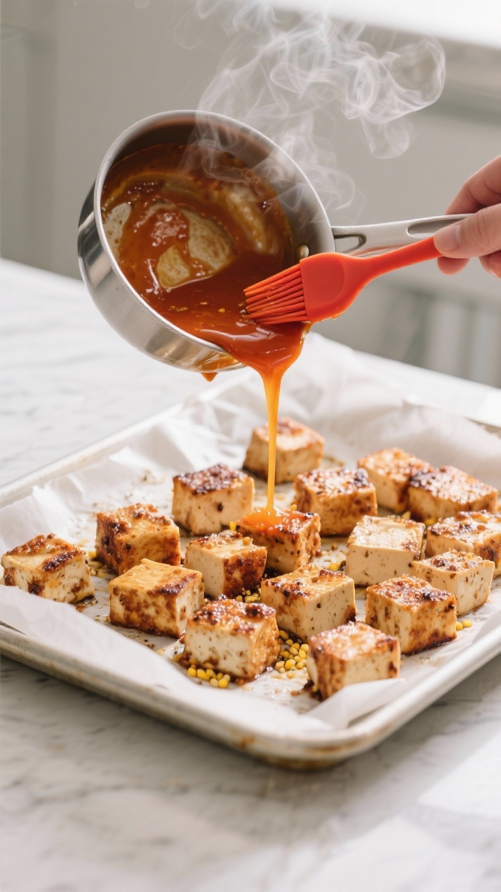 Cooking process: Air-fried tofu cubes in a parchment-lined sheet pan mid-flip at 425°F, edges brown