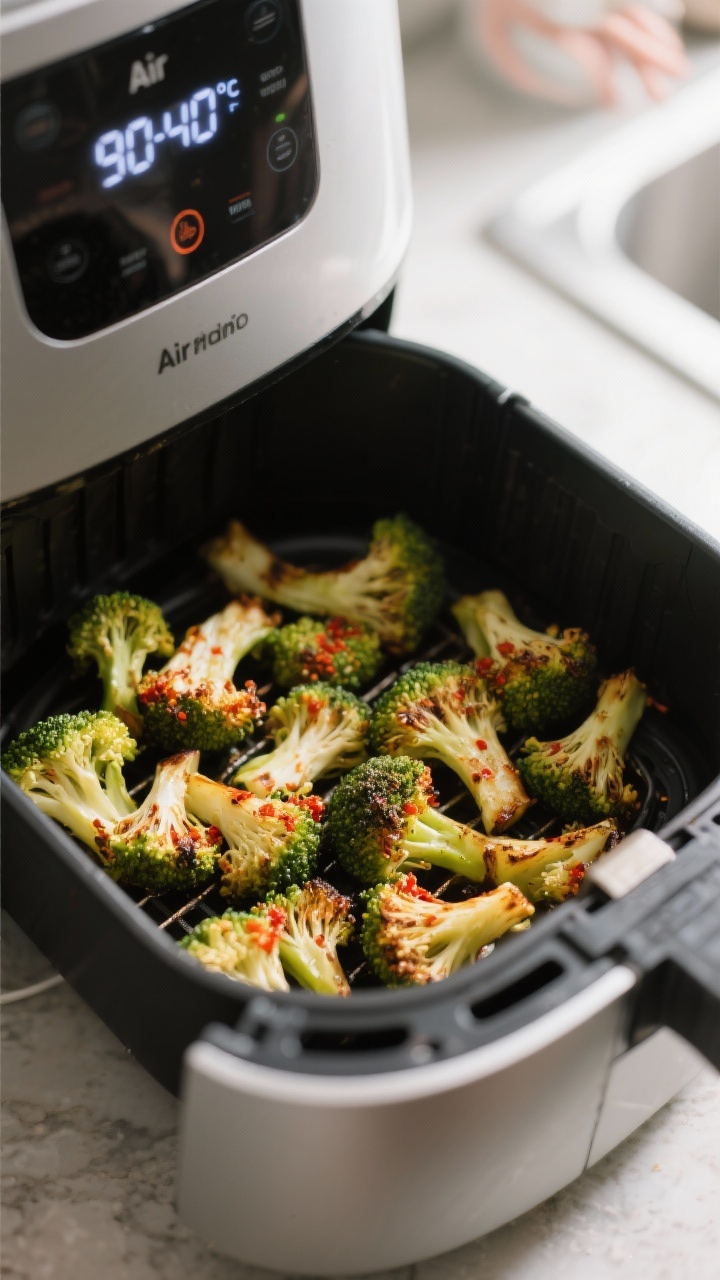Cooking process: Air fryer basket mid-cook at minute 5, broccoli in a loose single layer being shake