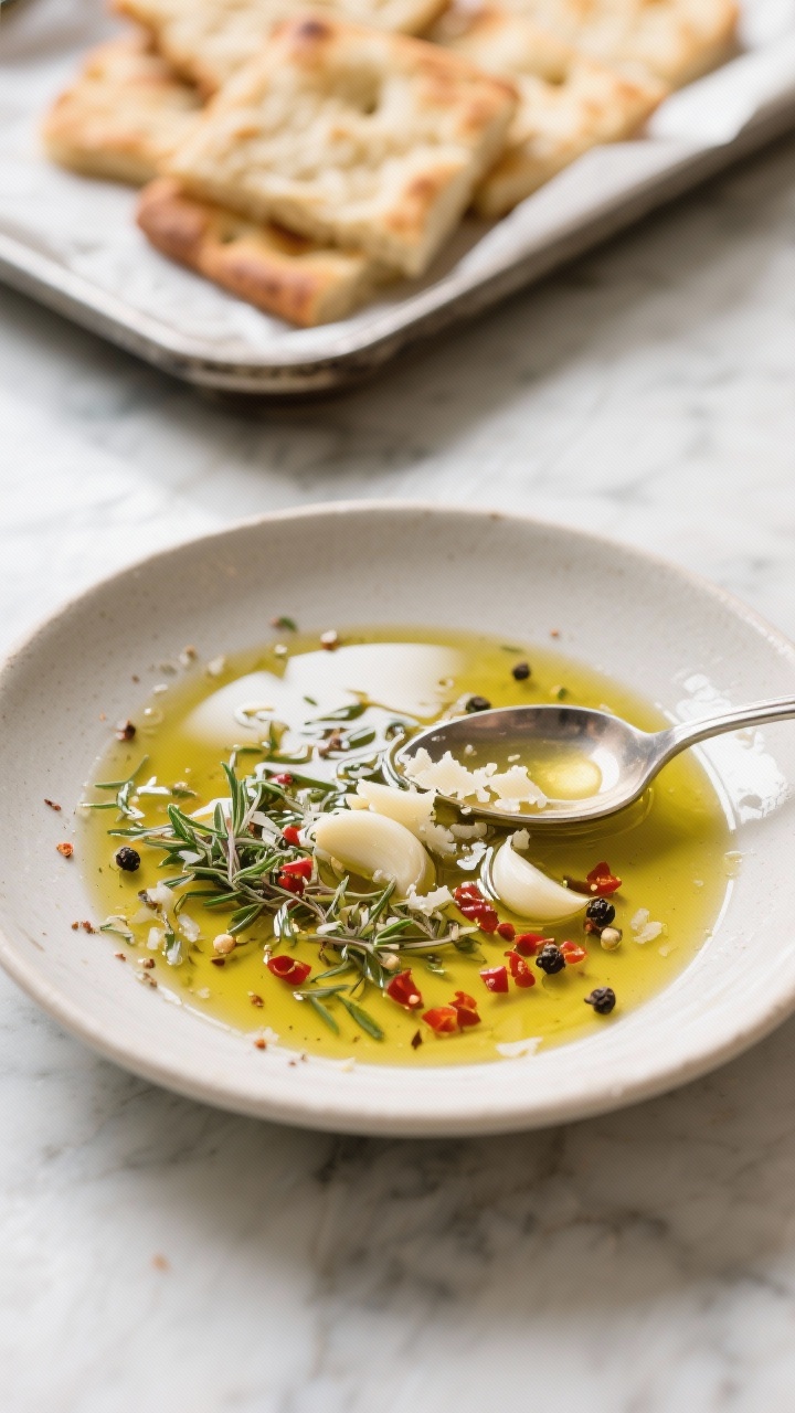 Cooking process: Assembled aromatics in oil resting to infuse—shallow dish of EVOO with evenly dis