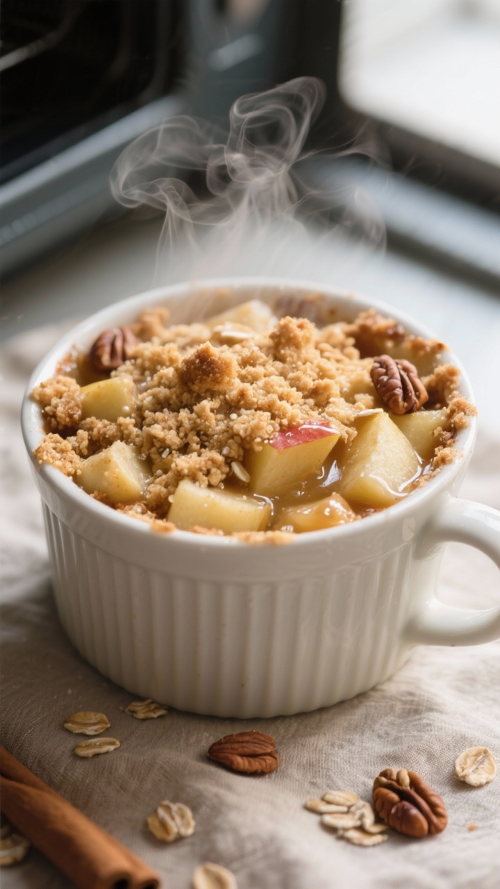 Cooking process: Baked Apple Crumble Mug right after microwaving—steam rising, golden oat–almond
