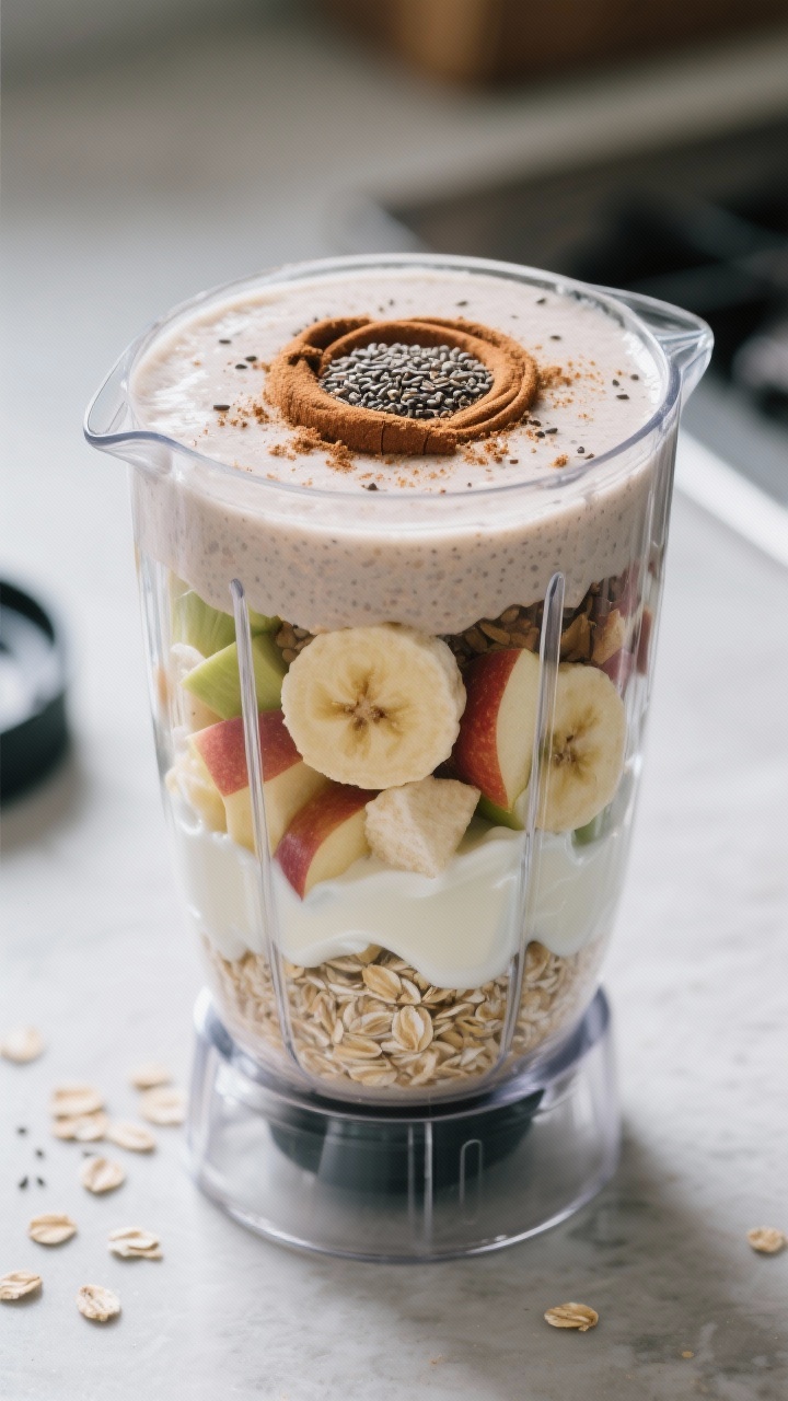 Cooking process: Blender jar loaded in the correct layering order just before blending, liquids at t