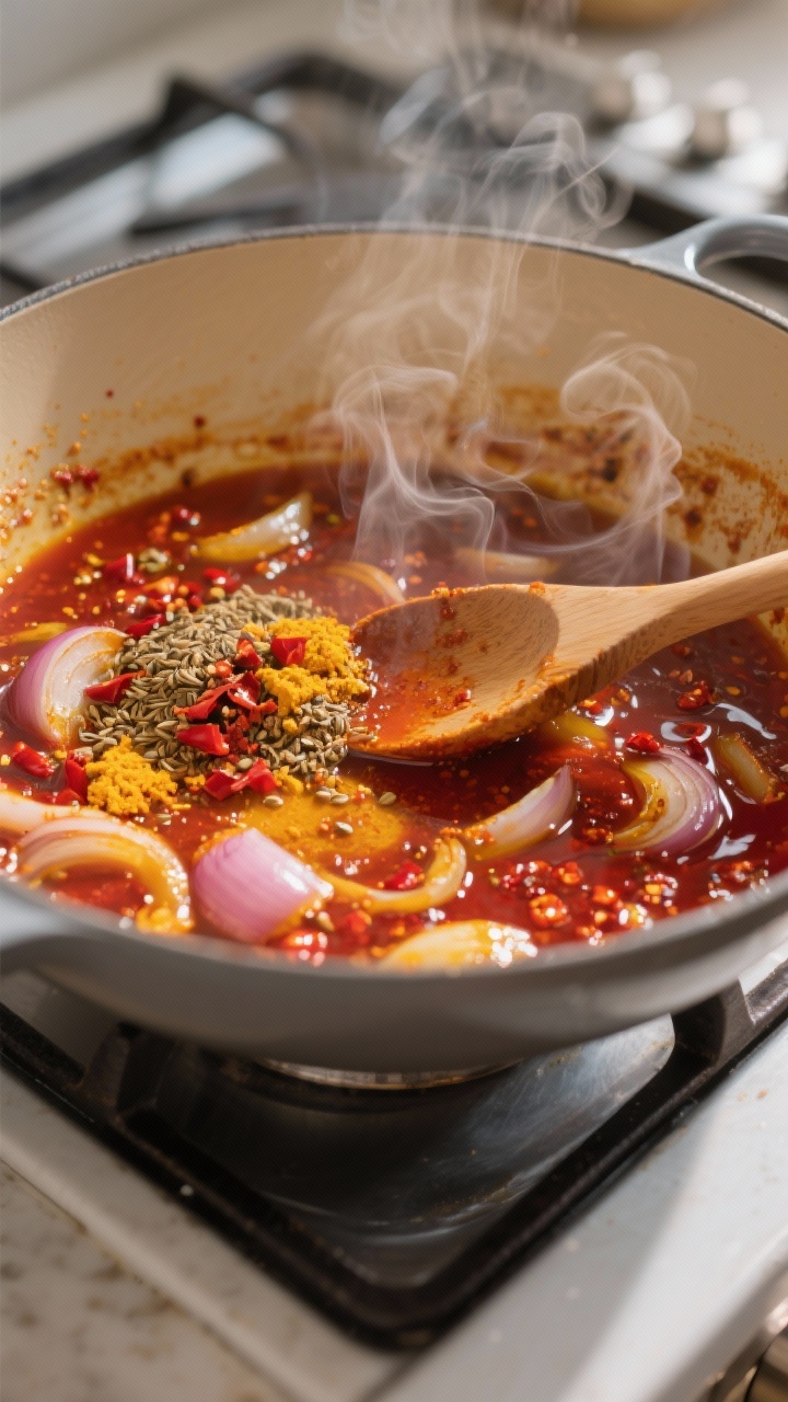 Cooking process — blooming spices: A steamy, medium-close shot of a wide pot on the stove as red c