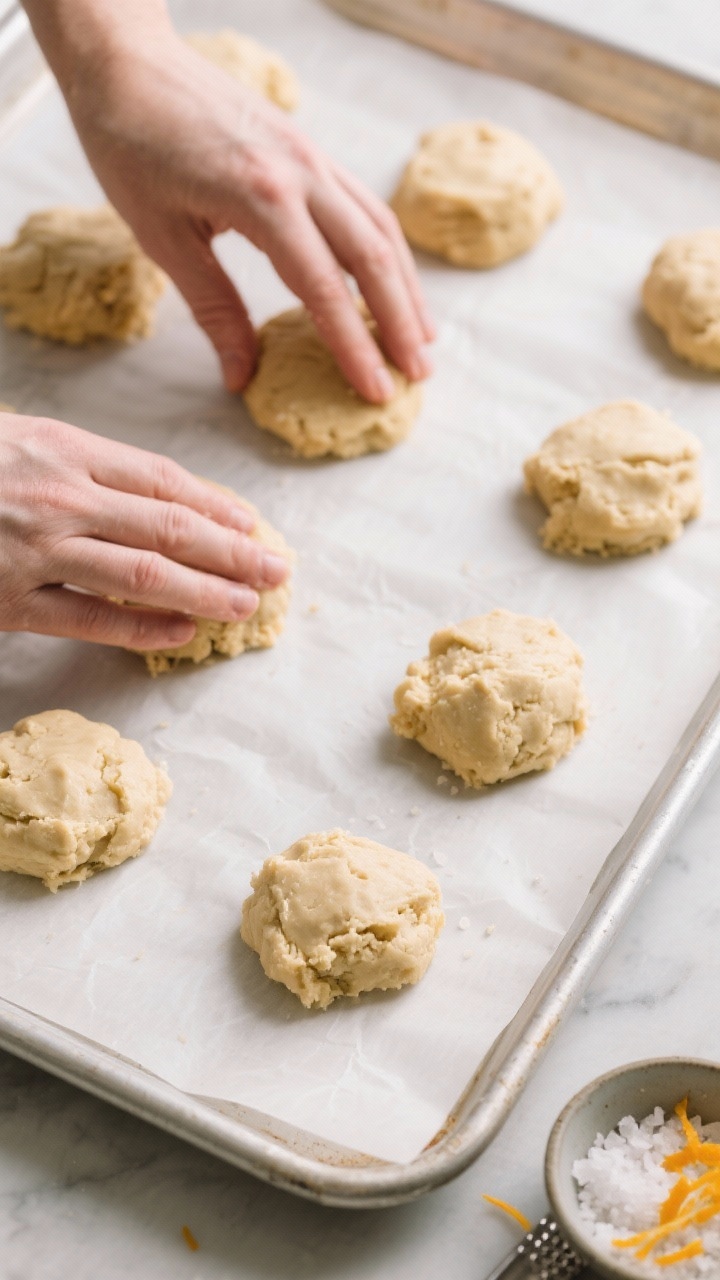 Cooking process: Chilled, portioned cookie dough mounds being gently flattened on a parchment-lined 