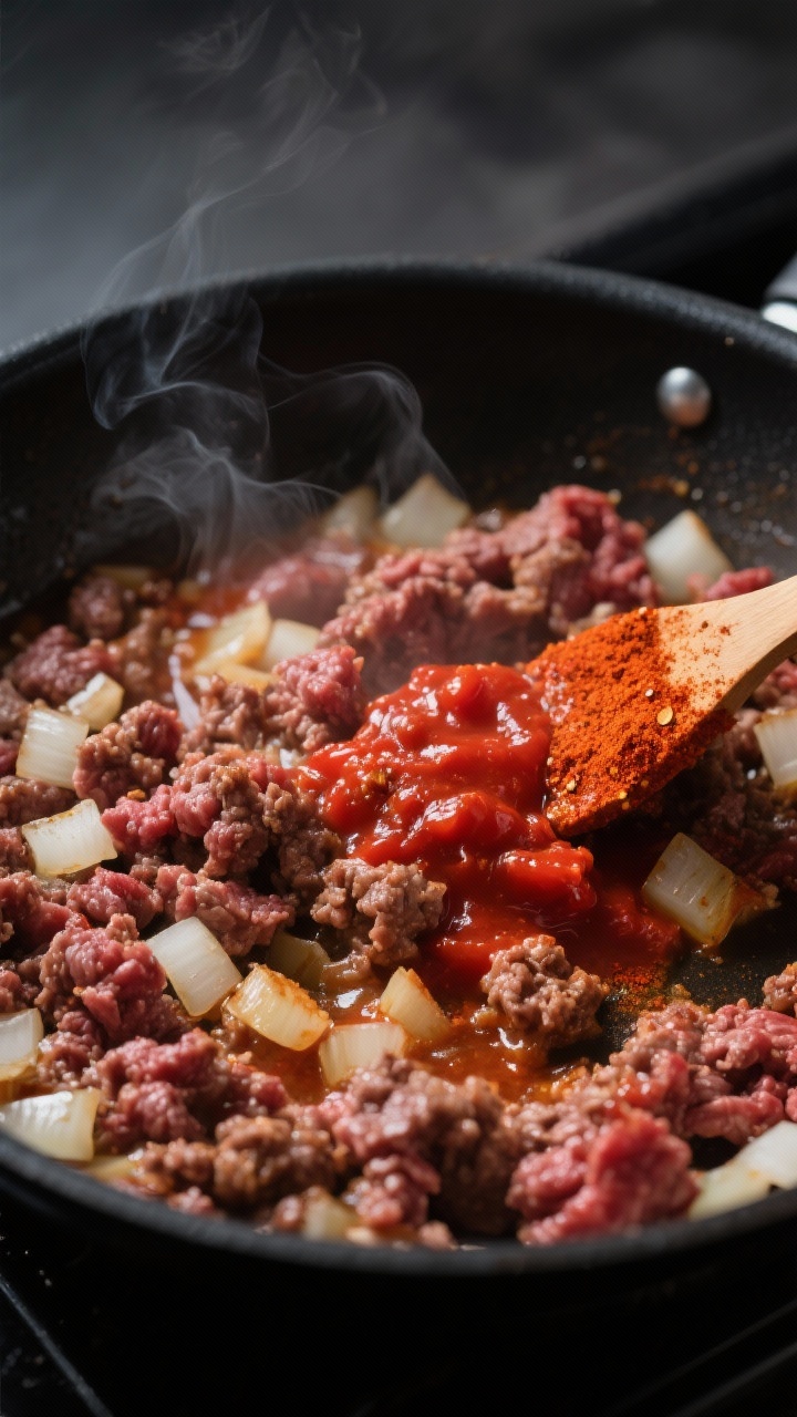 Cooking process close-up: Ground beef browning in a large black skillet with diced onions turning tr