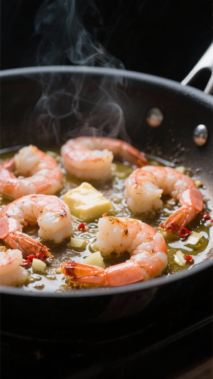 Cooking process close-up: Shrimp searing in a large skillet, just-turned pink and opaque with light 