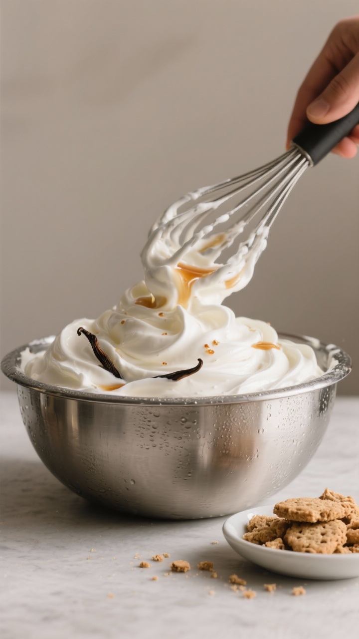 Cooking process: Coconut cream being whisked with maple syrup and vanilla until smooth and fluffy in