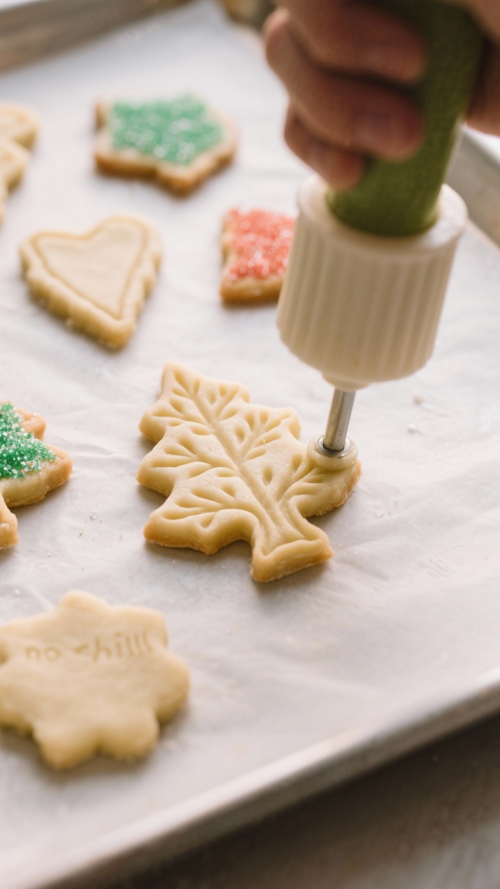 Cooking process: Cookie press held vertically above a bare, light-colored baking sheet (no parchment