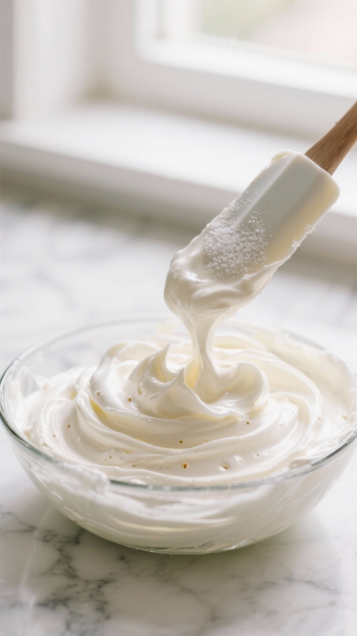 Cooking process: Cream cheese frosting being whipped to silky peaks in a glass bowl—ultra-smooth, 