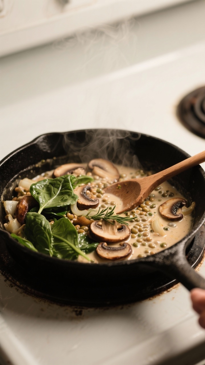 Cooking process: Creamy lentil mushroom skillet mid-simmer—sliced mushrooms and onions deeply brow