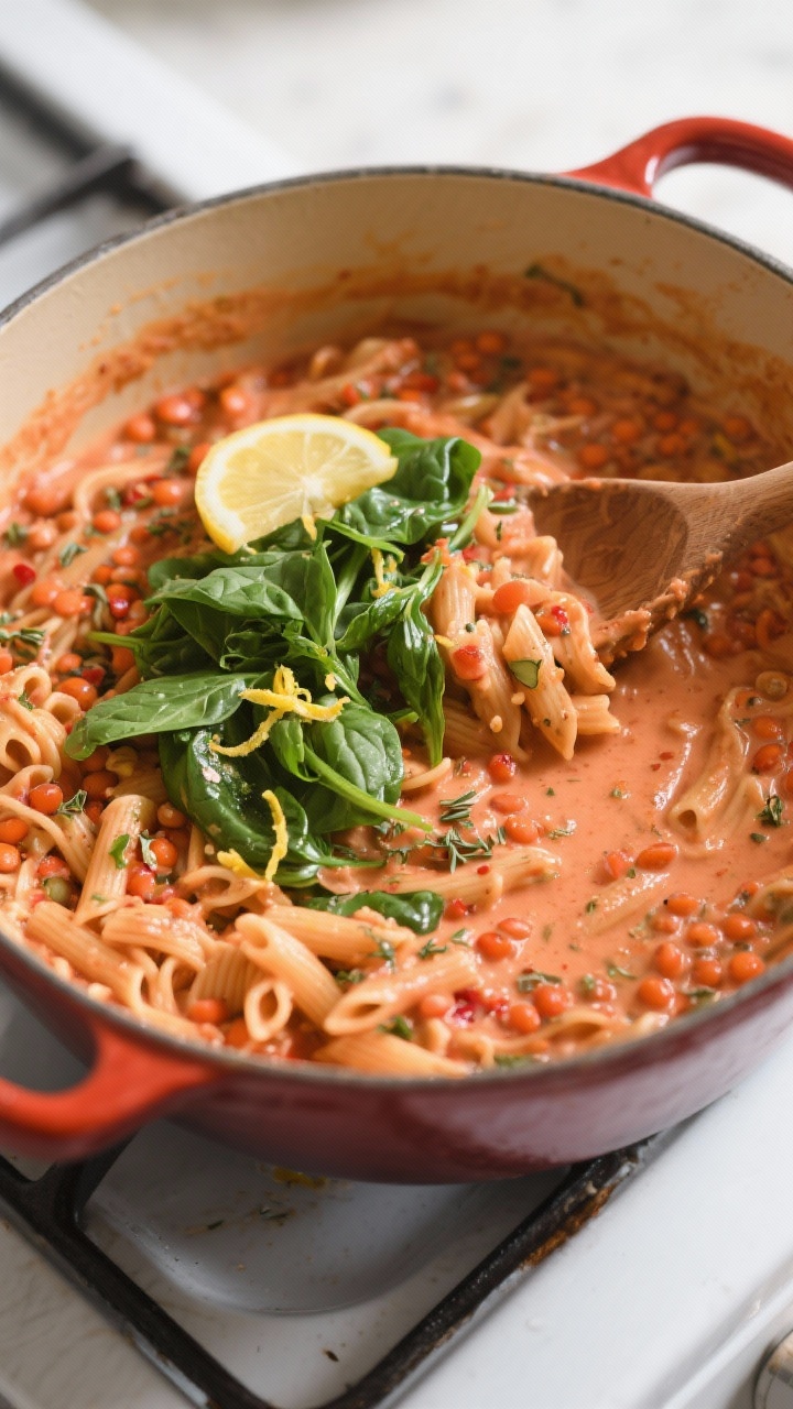Cooking process: Creamy One-Pot Lentil Tomato Pasta mid-simmer in a Dutch oven; red lentil pasta coa
