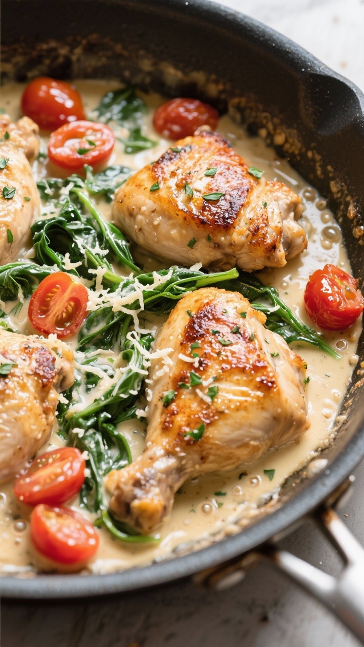 Cooking process: Creamy Tuscan chicken skillet mid-simmer, golden-seared chicken thighs nestled in a