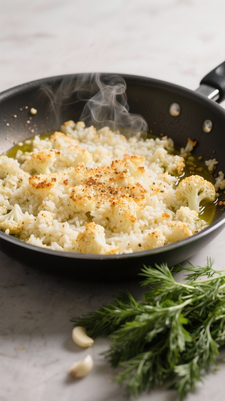 Cooking process: Crispy cauliflower “rice” browning in a nonstick pan, spread in an even layer w
