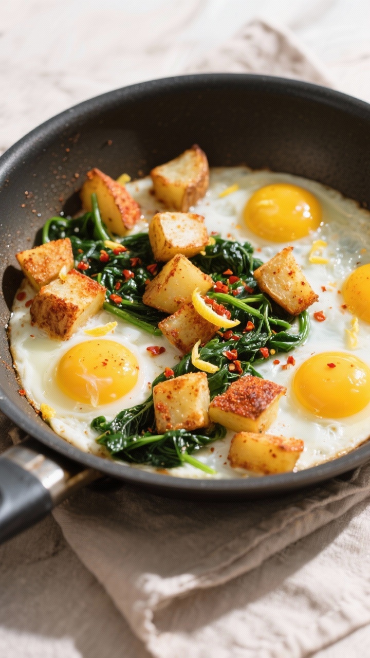 Cooking process: Crispy potato, egg, and spinach skillet at the moment the eggs are just set—golde