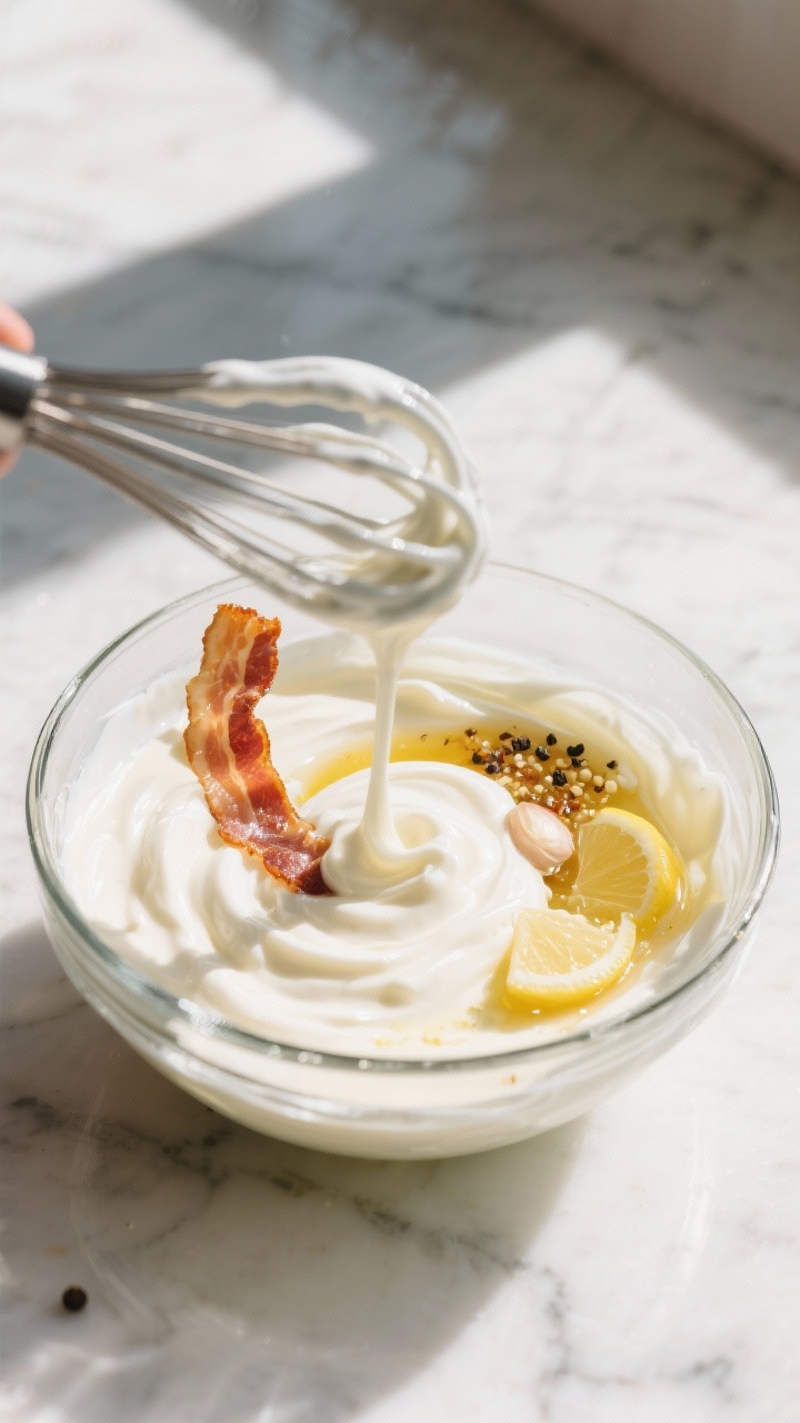 Cooking process: Dressing being whisked in a glass bowl—creamy Greek yogurt and mayo base swirling