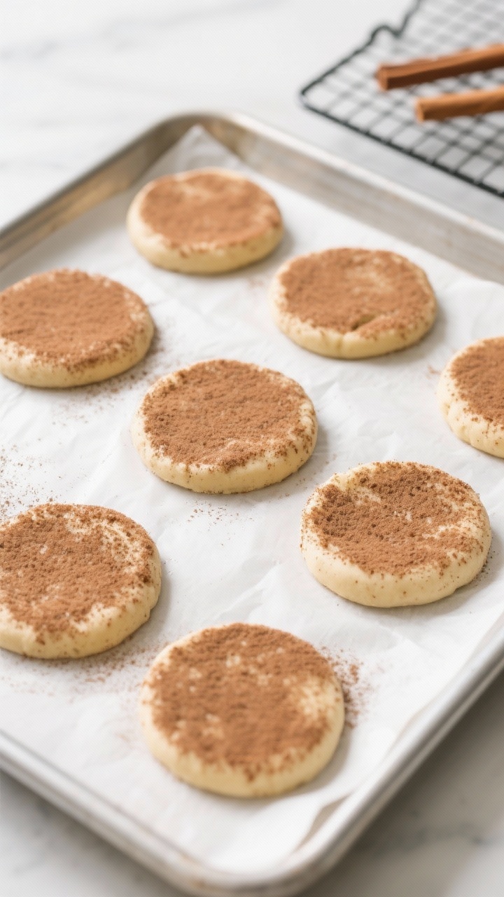 Cooking process: Flattened, coated dough rounds on a parchment-lined sheet pan, each pressed to abou