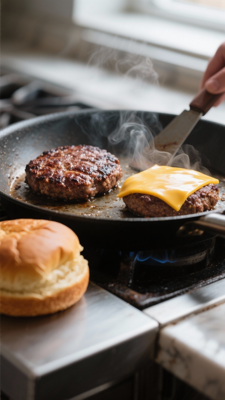 Cooking process: Flip-once moment on a hot skillet—one patty just turned with a perfect, even maho