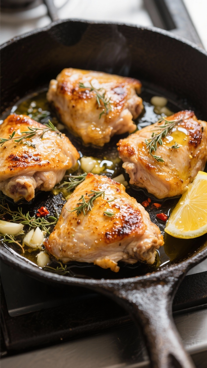 Cooking process: Garlic Butter Chicken Thighs in a cast-iron skillet mid-baste, skin-side up with de