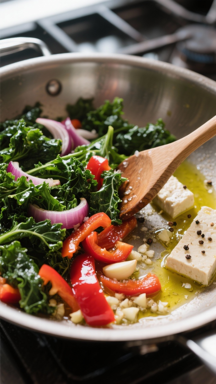 Cooking process: Garlicky greens and sautéed vegetables in action—kale just wilted and still vibr