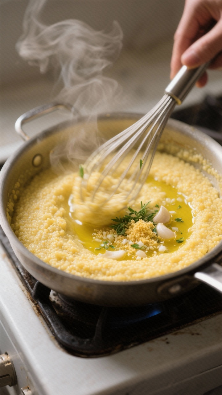 Cooking process: Garlicky herb polenta being whisked to smooth, cloud-like consistency in a medium s