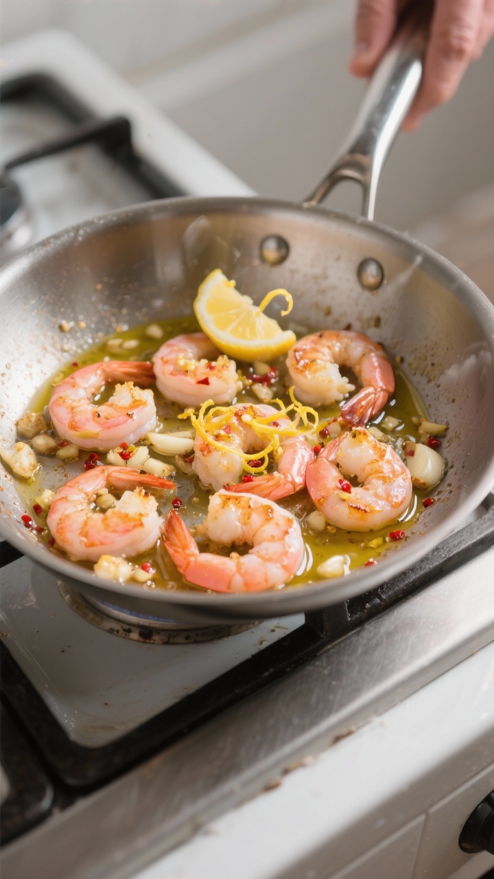 Cooking process: Garlicky shrimp sizzling in a wide stainless skillet, pink and opaque with seared e