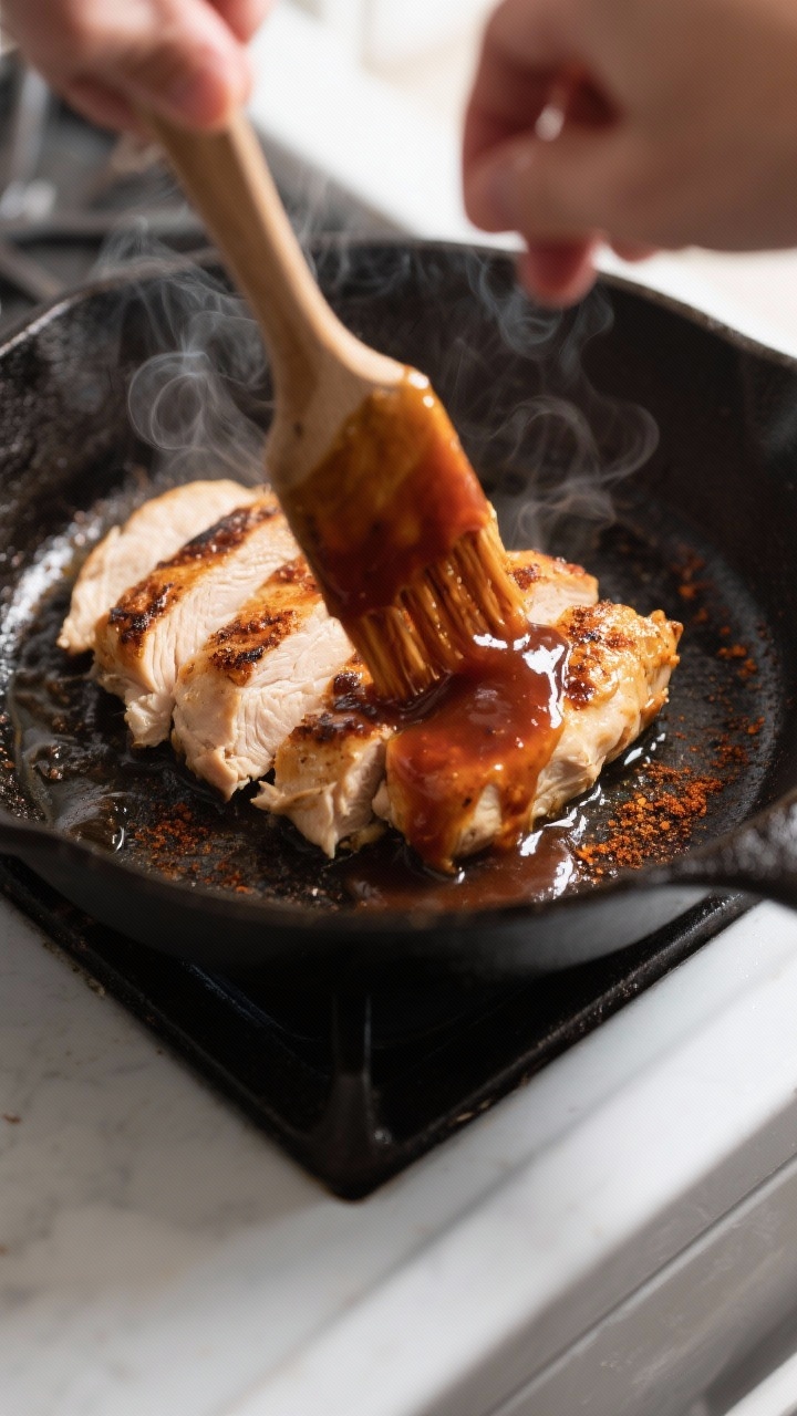 Cooking process: Glazing BBQ chicken in a hot cast-iron skillet, close-up of sliced, juicy chicken b
