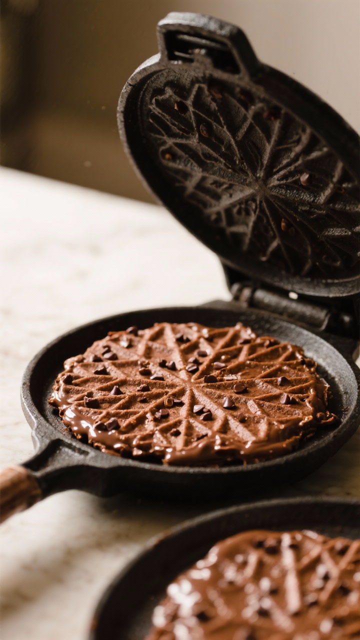 Cooking process: Gluten-free chocolate variation pizzelles in the iron mid-cook, lid open to reveal 