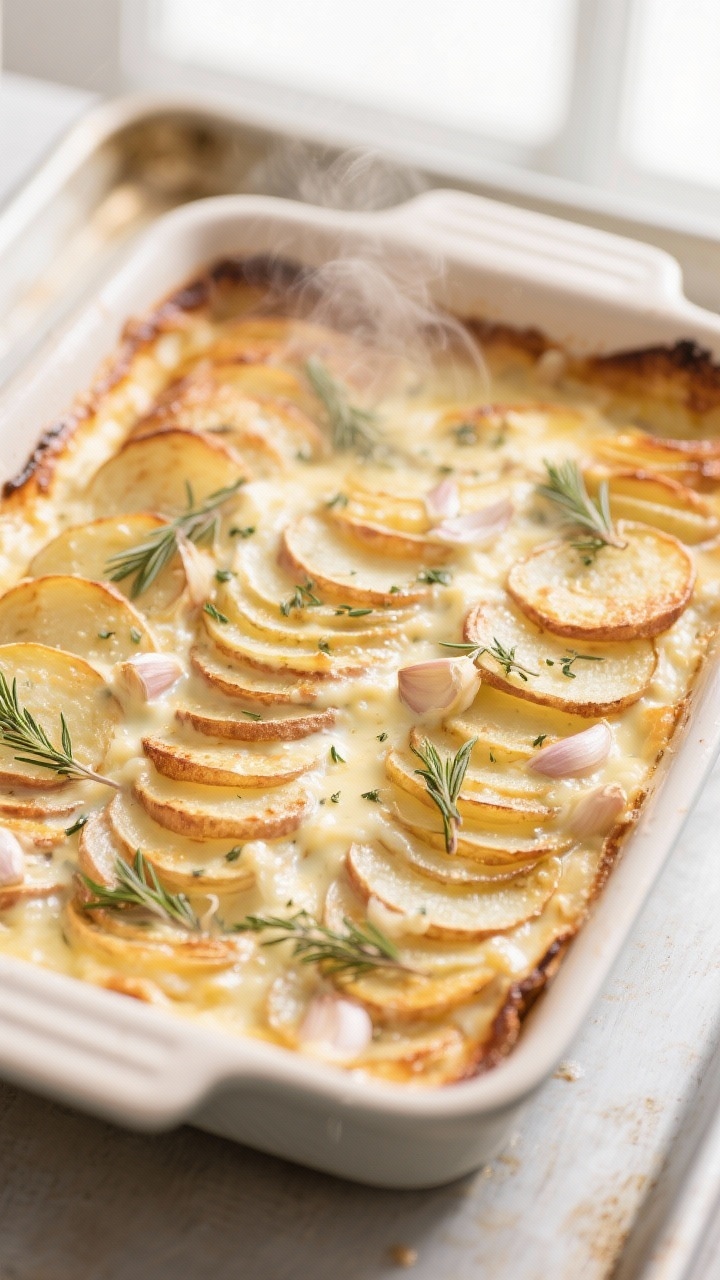 Cooking process: Herb & Garlic Scalloped Potatoes mid-bake—overhead shot of a casserole just uncov