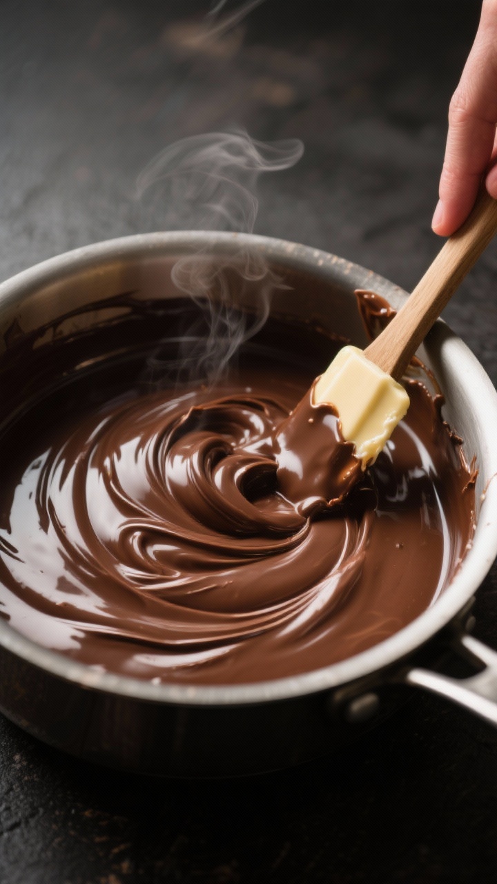 Cooking process — low-heat melt: Close-up of glossy chocolate fudge base melting in a small saucep