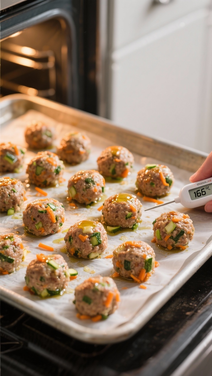 Cooking process: Mini turkey veggie meatballs baking on a lined sheet pan at 425°F, evenly spaced 1
