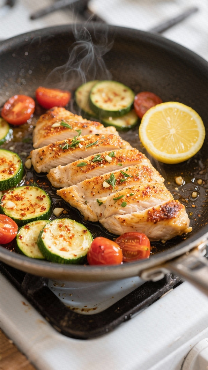 Cooking process: One-pan lemon herb chicken searing to golden-brown in a stainless skillet, thin-sli