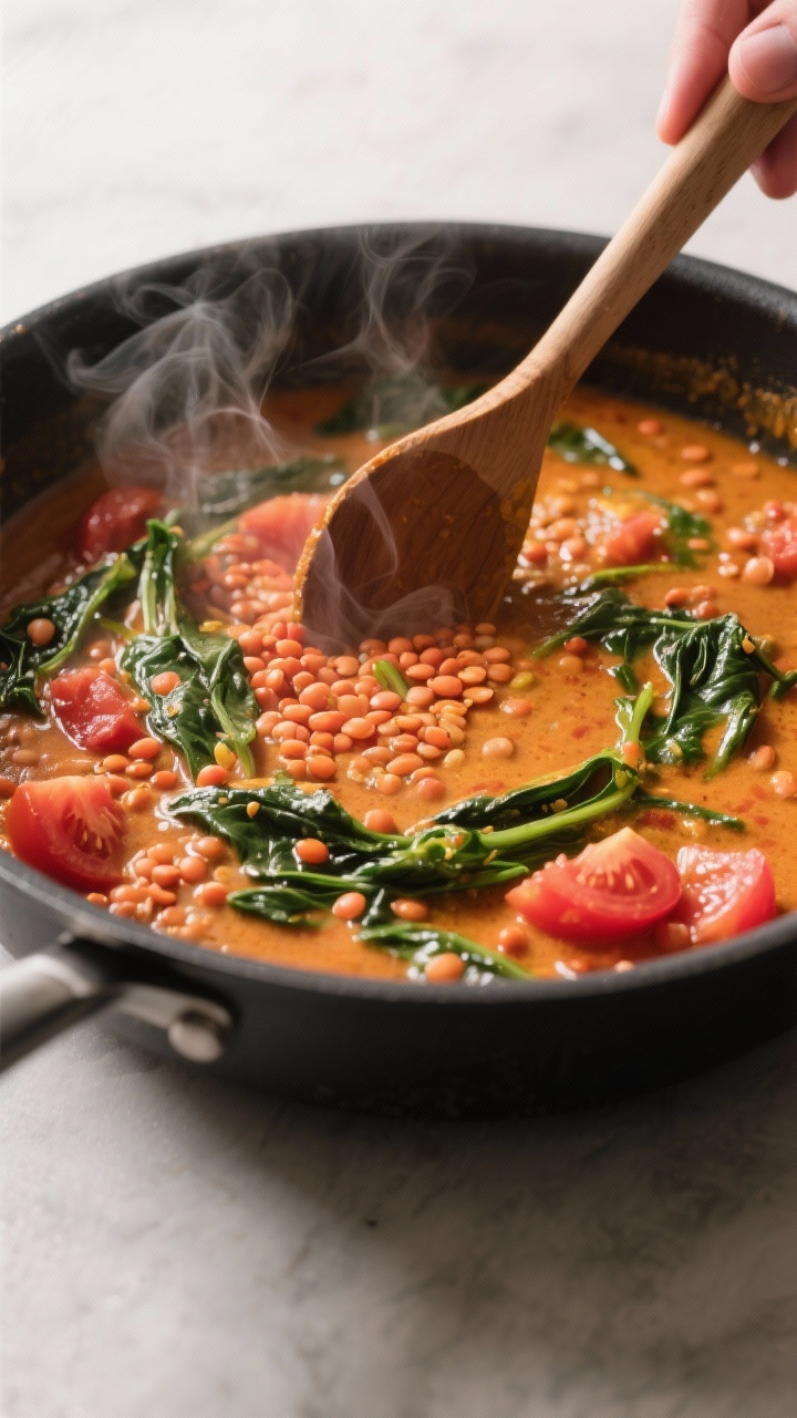 Cooking process: One-pot red lentil coconut curry simmering in a wide, matte black saucepan—creamy