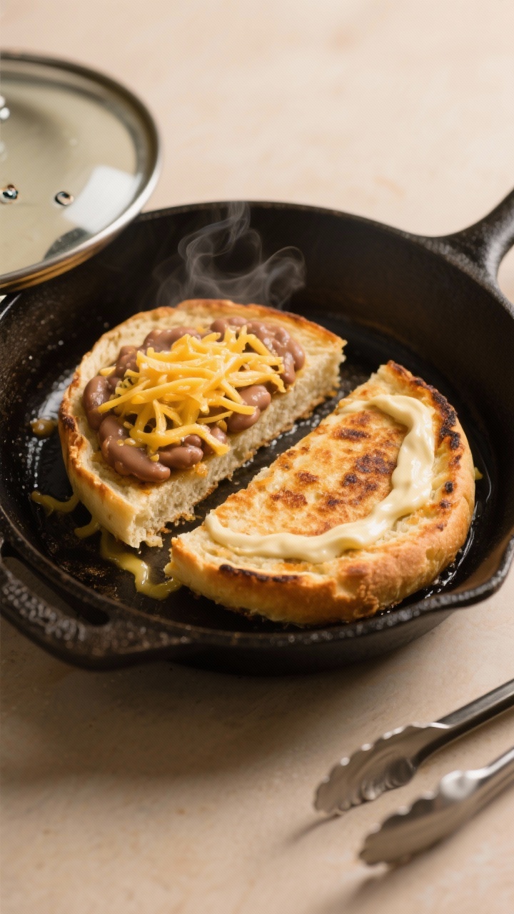 Cooking process: Open-faced torta halves in a skillet being toasted golden in butter, one half sprea
