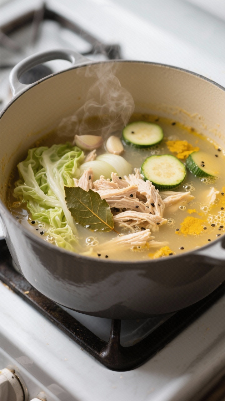 Cooking process: Over-the-pot action shot of the soup mid-simmer as shredded chicken is just returne