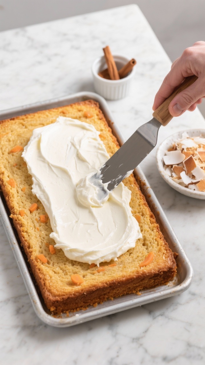 Cooking process: Overhead, 9x13 sheet cake just cooled and being generously slathered with tangy cre
