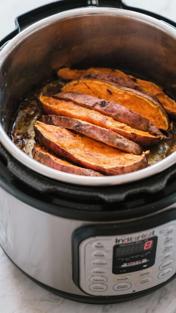 Cooking process: Overhead shot inside an Instant Pot right after pressure release—layered cooked s