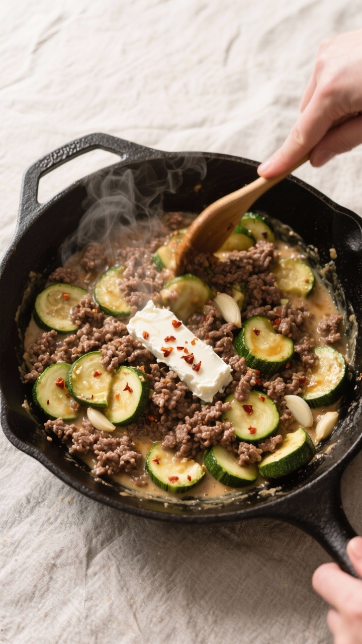 Cooking process: Overhead shot of a 15-minute beef and zucchini skillet mid-stir in a black cast-iro