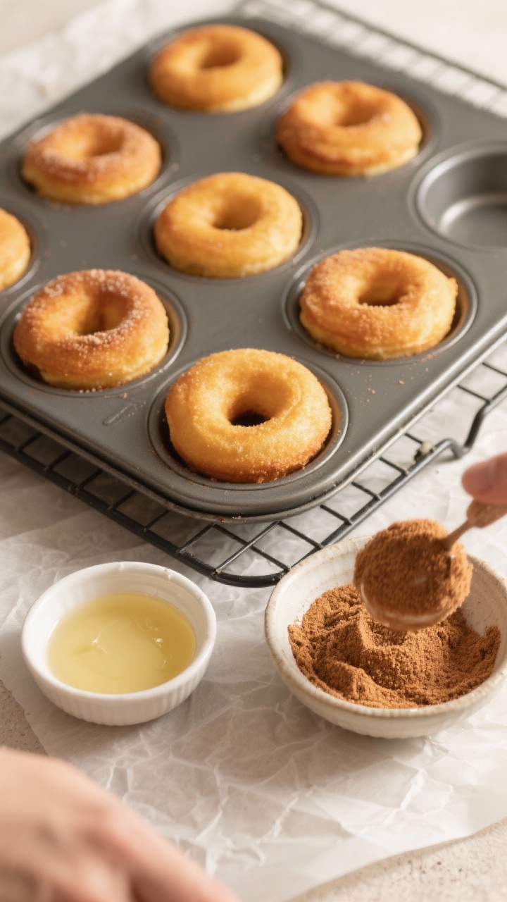 Cooking process: Overhead shot of a 6-cavity donut pan on a cooling rack with golden baked donuts re
