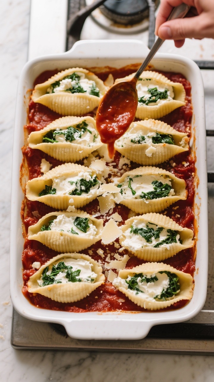 Cooking process: Overhead shot of a 9x13 baking dish during assembly—par-baked jumbo shells nestle