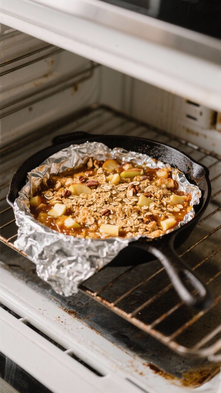Cooking process: Overhead shot of a deep 10-inch cast-iron skillet in the oven with the apple crisp 