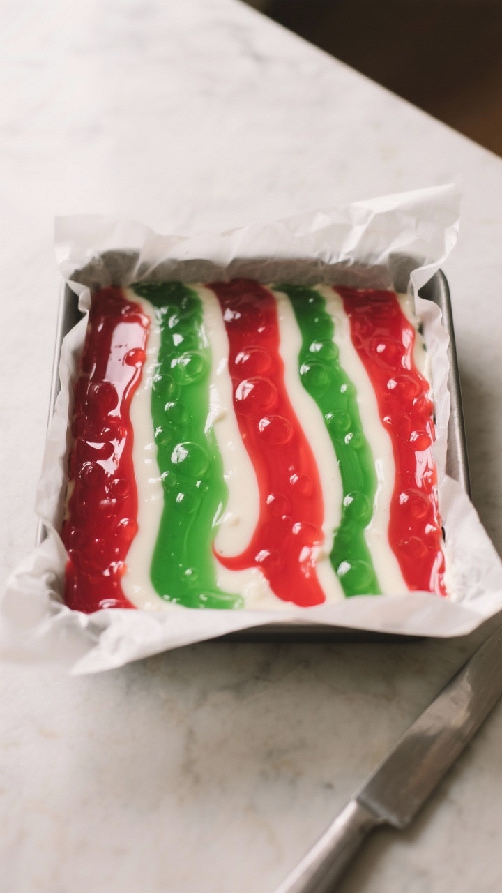 Cooking process: overhead shot of a glossy gumdrop slab just poured and set in a parchment-lined 8x8