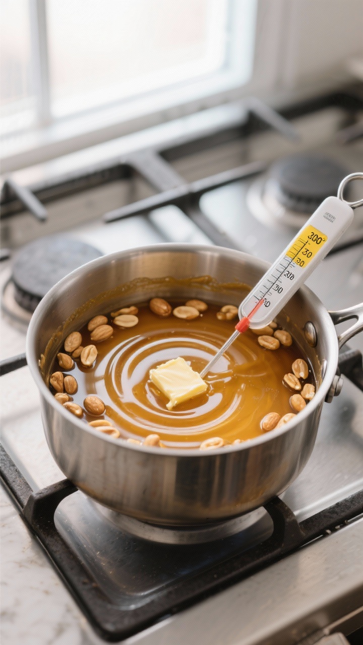 Cooking process: Overhead shot of a heavy saucepan at exactly 300°F (hard crack) on a burner, deep 