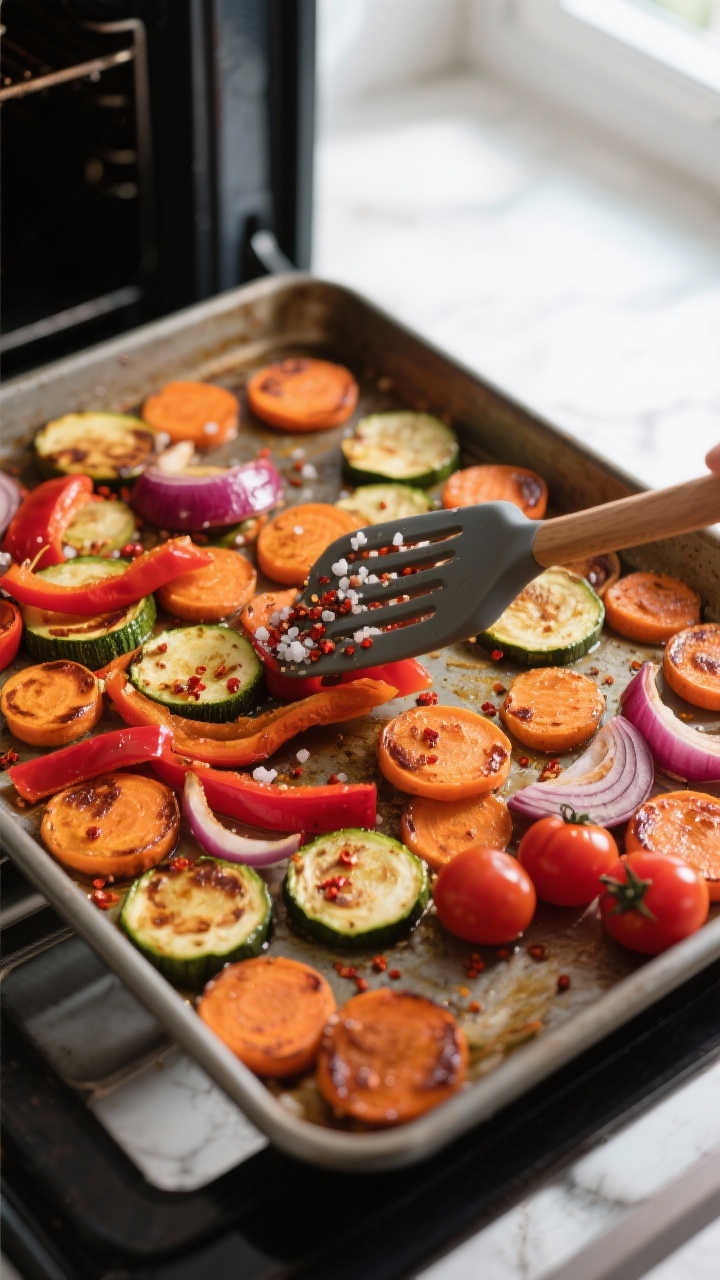 Cooking process: Overhead shot of a hot sheet pan just pulled from a 425°F oven, colorful veggie me