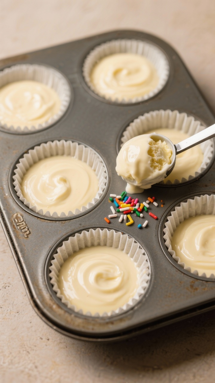 Cooking process: Overhead shot of a muffin tin lined with paper liners filled 2/3–3/4 with silky, 