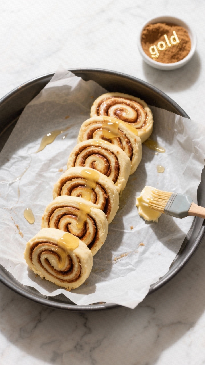 Cooking process: Overhead shot of a neatly sliced log of baked keto cinnamon roll spirals arranged i