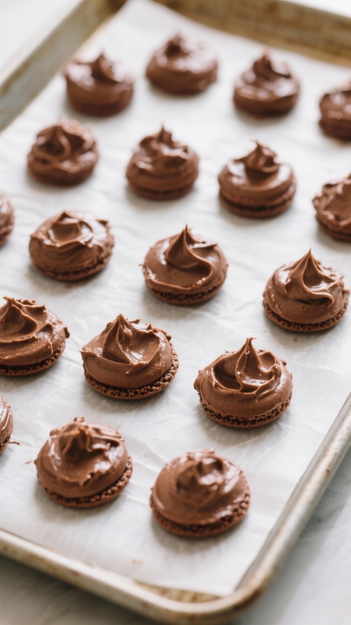 Cooking process: Overhead shot of a parchment-lined baking sheet with 24 evenly spaced, smoothed mou
