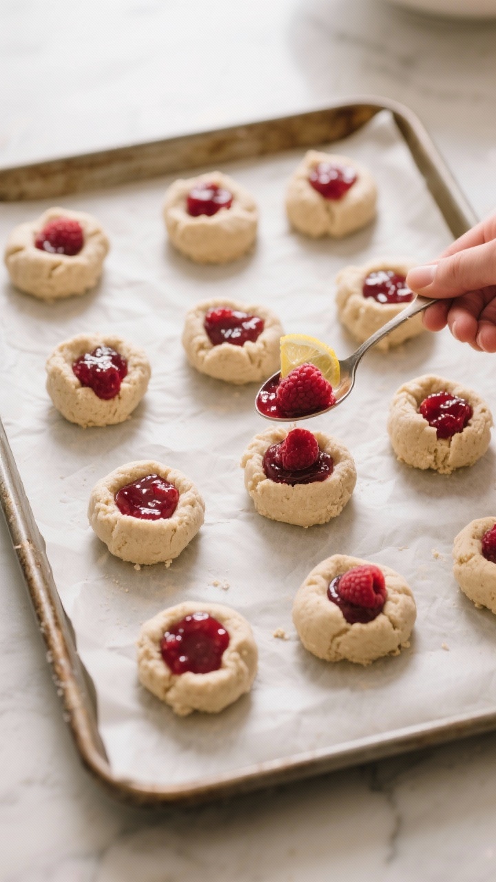 Cooking process: Overhead shot of a parchment-lined baking sheet with neatly portioned almond flour 