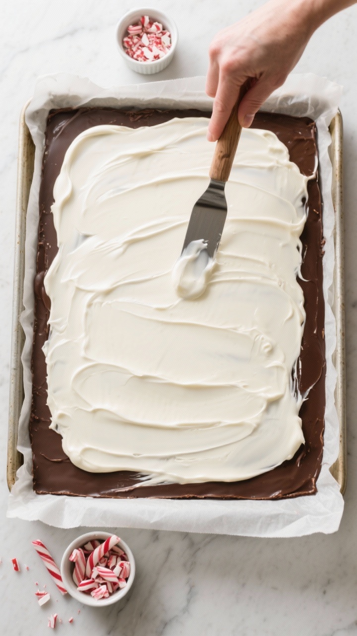 Cooking process: Overhead shot of a parchment-lined 9x13 baking sheet with the dark chocolate layer 