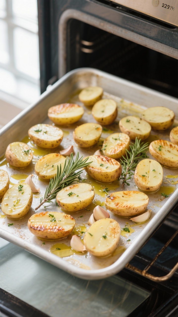 Cooking process: Overhead shot of a preheated rimmed baking sheet just pulled from a 425°F oven, ha
