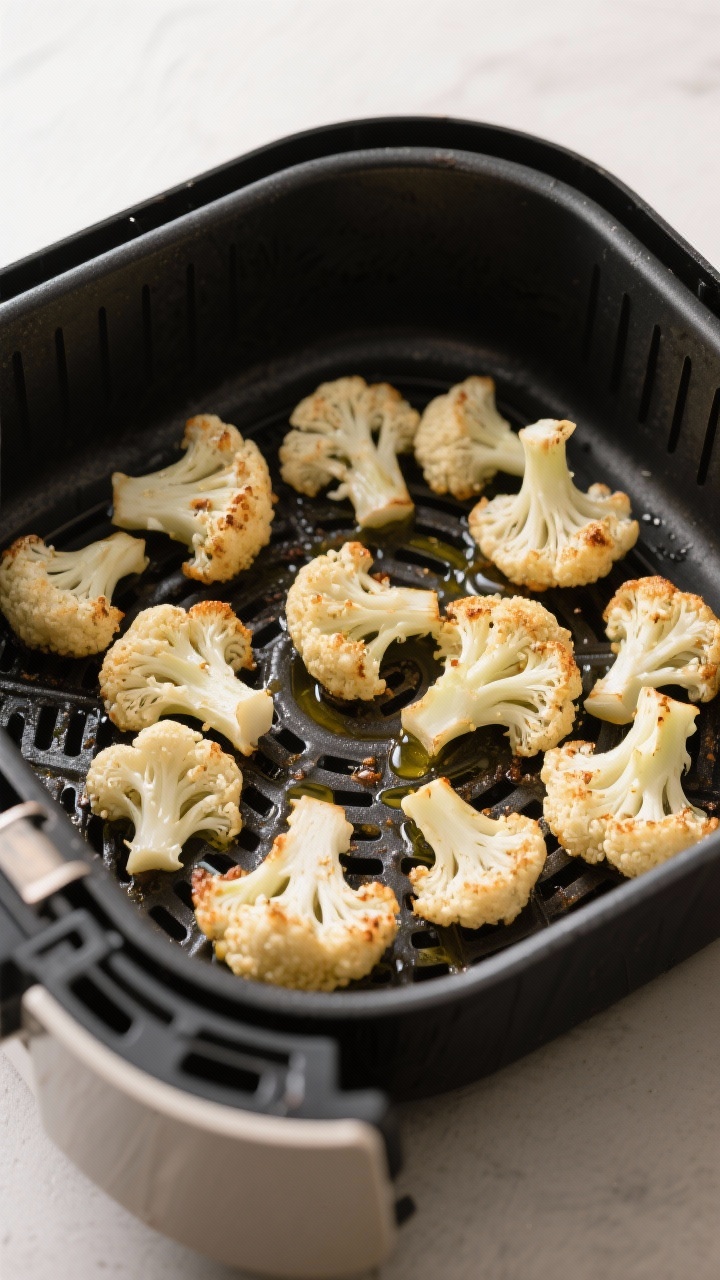 Cooking process: Overhead shot of a single layer of coated cauliflower florets spaced apart in the p